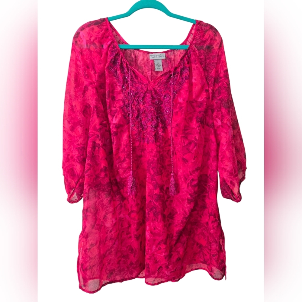 Catherine's  3/4 Sleeves Sheer Relaxed Fit Pull Over Top 926